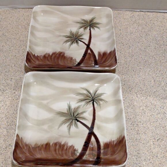 👍 2 Palm Tree Ceramic Square Plates. Tropical Beach C6 - Picture 1 of 5